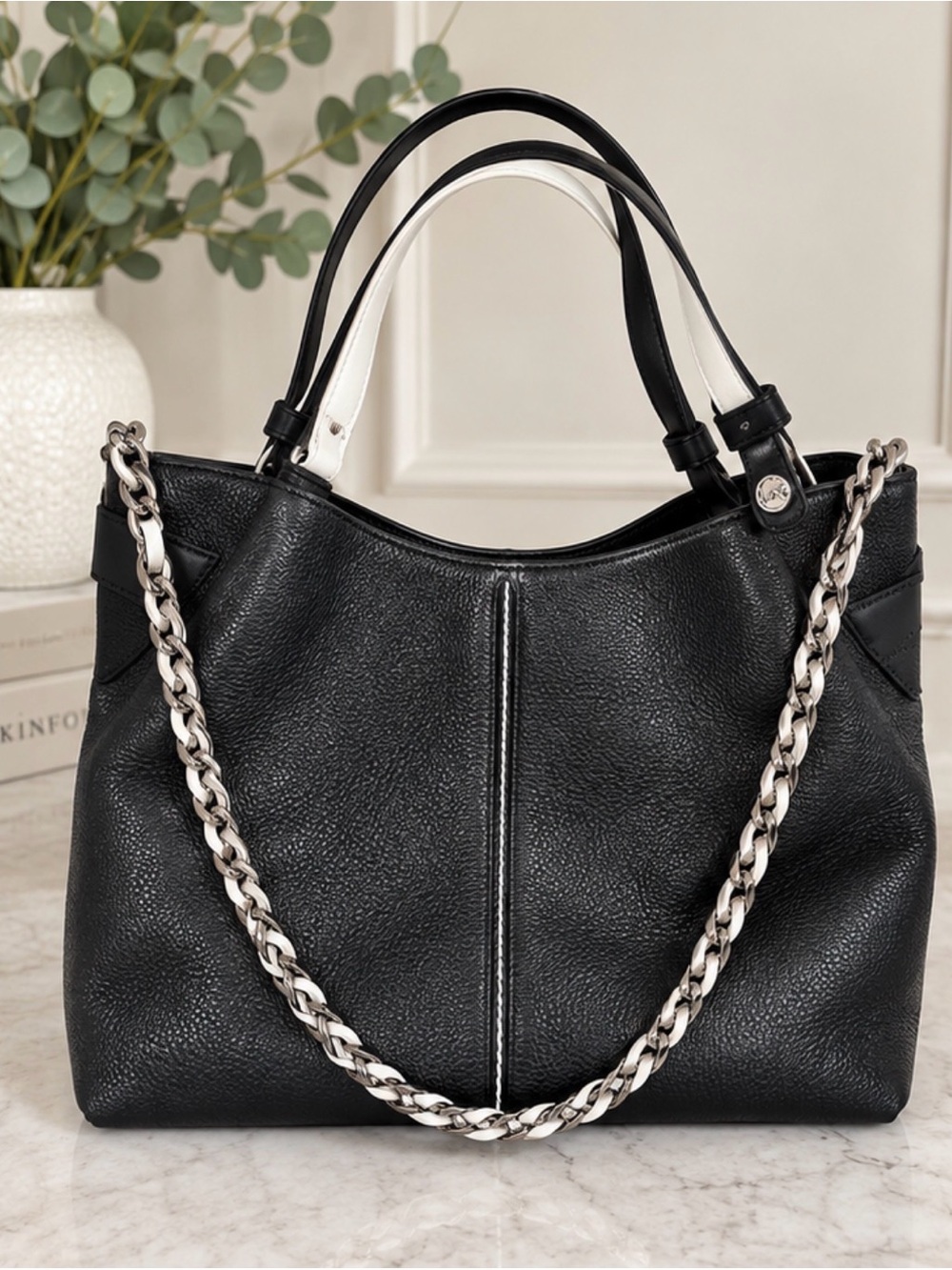 Michael Kors Black Leather Shoulder Bag with Silver Chain